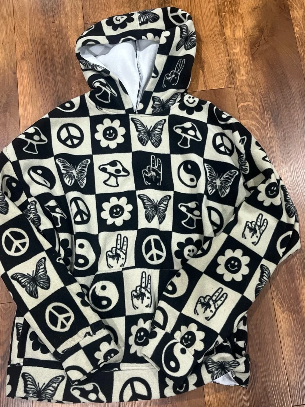 Checkerboard Graphic Hoodie - Black & Cream